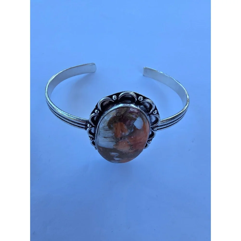 Honey Dendritic Opal Scalloped Cuff Bracelet Silver Tone Southwestern Boho